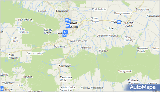 mapa Jeleniów gmina Nowa Słupia, Jeleniów gmina Nowa Słupia na mapie Targeo