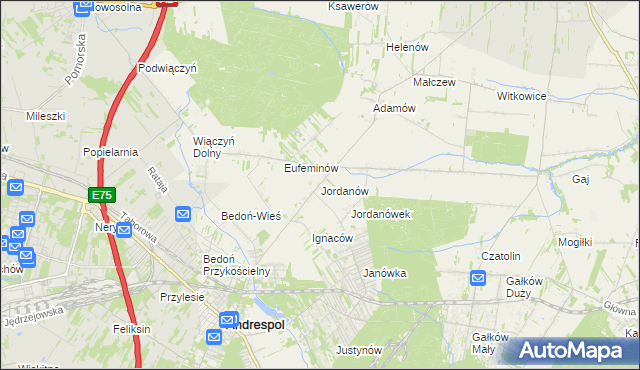 mapa Jordanów gmina Brzeziny, Jordanów gmina Brzeziny na mapie Targeo