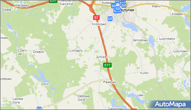 mapa Juńcza gmina Olsztynek, Juńcza gmina Olsztynek na mapie Targeo