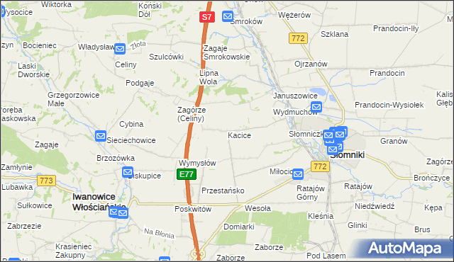 mapa Kacice gmina Słomniki, Kacice gmina Słomniki na mapie Targeo