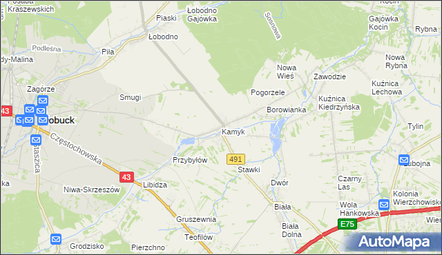 mapa Kamyk gmina Kłobuck, Kamyk gmina Kłobuck na mapie Targeo