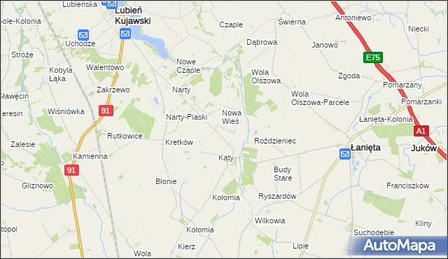 mapa Kąty gmina Lubień Kujawski, Kąty gmina Lubień Kujawski na mapie Targeo