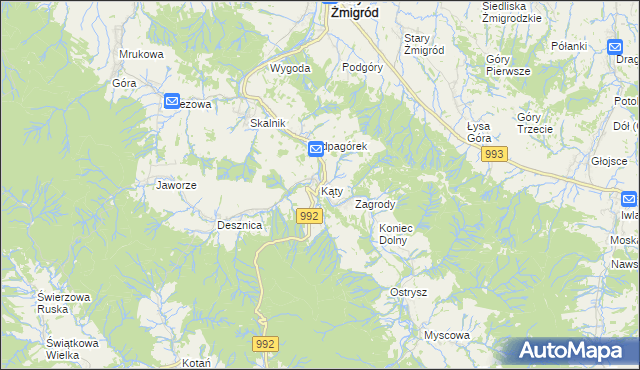 mapa Kąty gmina Nowy Żmigród, Kąty gmina Nowy Żmigród na mapie Targeo