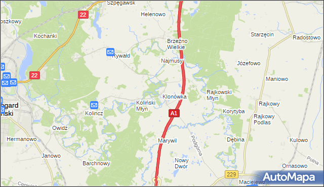 mapa Klonówka gmina Starogard Gdański, Klonówka gmina Starogard Gdański na mapie Targeo