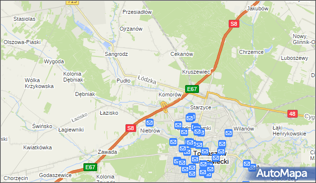 mapa Komorów gmina Tomaszów Mazowiecki, Komorów gmina Tomaszów Mazowiecki na mapie Targeo