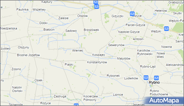 mapa Koszajec gmina Rybno, Koszajec gmina Rybno na mapie Targeo