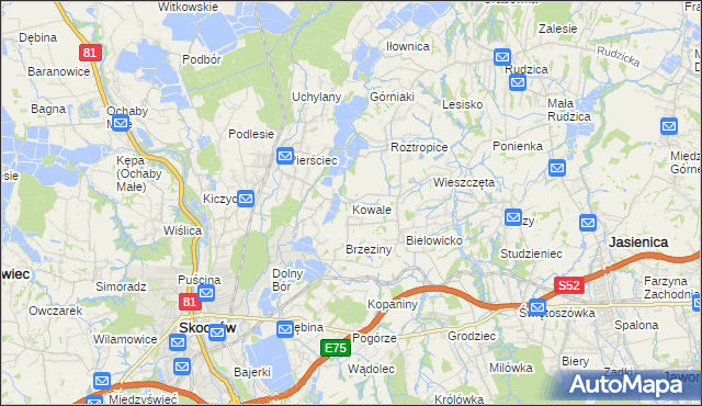 mapa Kowale gmina Skoczów, Kowale gmina Skoczów na mapie Targeo