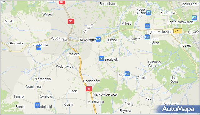 mapa Koziegłówki, Koziegłówki na mapie Targeo
