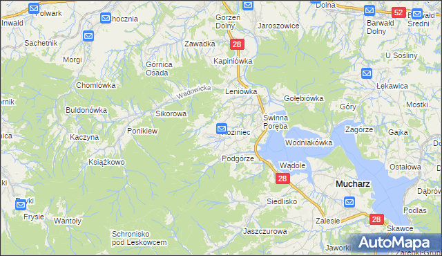 mapa Koziniec gmina Mucharz, Koziniec gmina Mucharz na mapie Targeo