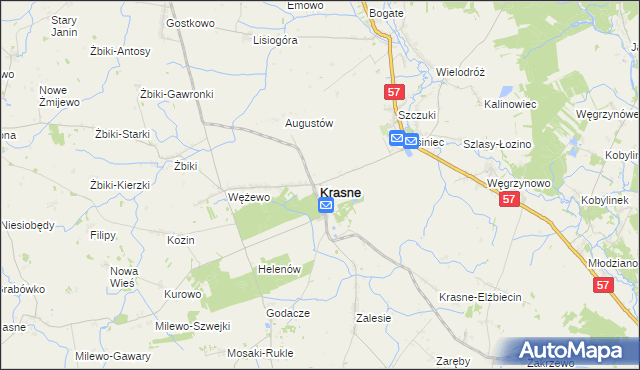 mapa Krasne powiat przasnyski, Krasne powiat przasnyski na mapie Targeo