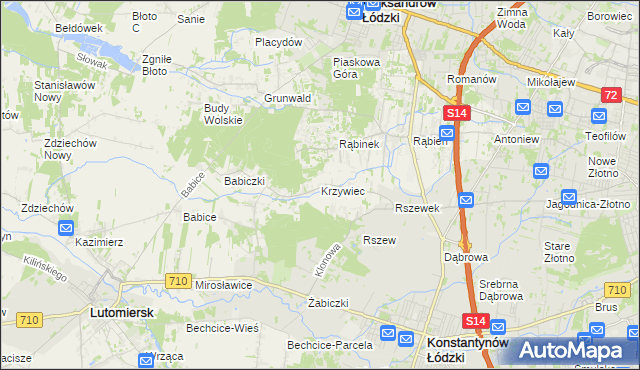 mapa Krzywiec gmina Aleksandrów Łódzki, Krzywiec gmina Aleksandrów Łódzki na mapie Targeo