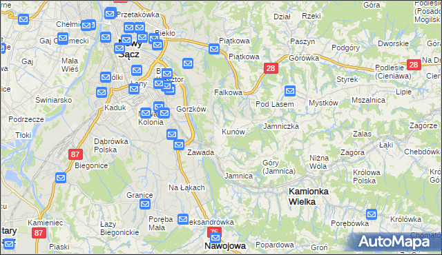 mapa Kunów gmina Chełmiec, Kunów gmina Chełmiec na mapie Targeo