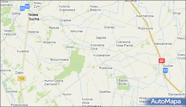 mapa Kurdwanów gmina Nowa Sucha, Kurdwanów gmina Nowa Sucha na mapie Targeo