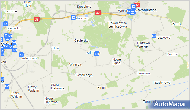 mapa Łąkie gmina Rakoniewice, Łąkie gmina Rakoniewice na mapie Targeo