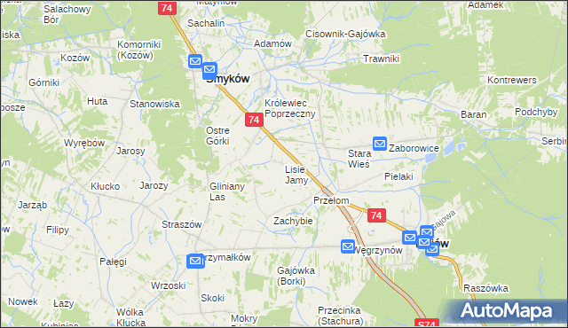 mapa Lisie Jamy gmina Mniów, Lisie Jamy gmina Mniów na mapie Targeo