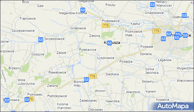 mapa Łyszkowice gmina Koniusza, Łyszkowice gmina Koniusza na mapie Targeo