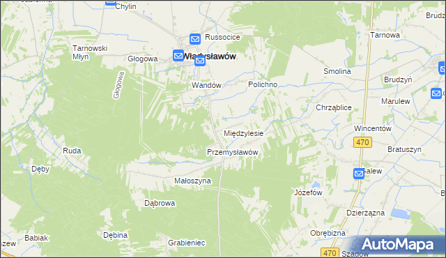 mapa Międzylesie gmina Władysławów, Międzylesie gmina Władysławów na mapie Targeo