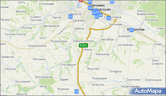 mapa Miłków gmina Bodzechów, Miłków gmina Bodzechów na mapie Targeo