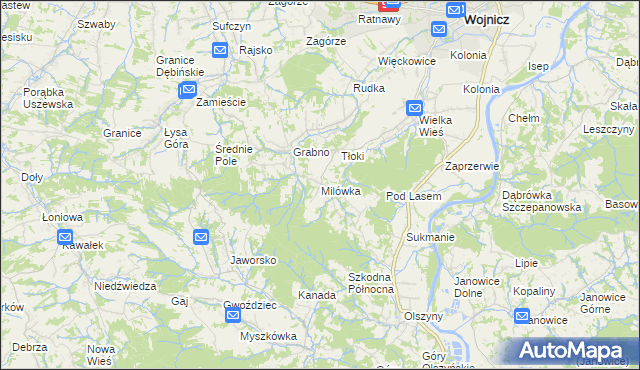 mapa Milówka gmina Wojnicz, Milówka gmina Wojnicz na mapie Targeo