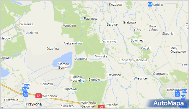 mapa Młyniska gmina Przykona, Młyniska gmina Przykona na mapie Targeo