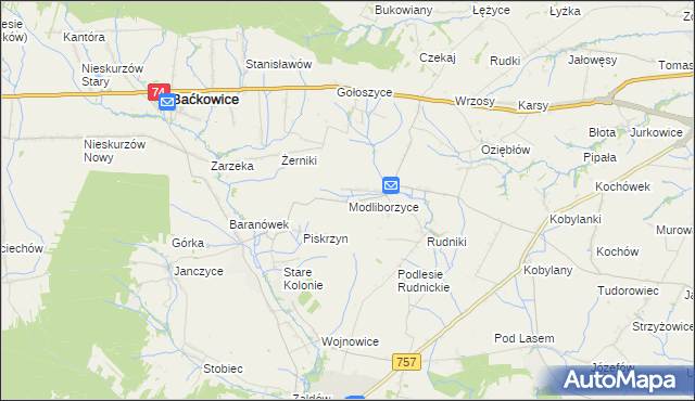 mapa Modliborzyce gmina Baćkowice, Modliborzyce gmina Baćkowice na mapie Targeo