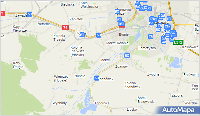 mapa Mokre gmina Zamość, Mokre gmina Zamość na mapie Targeo