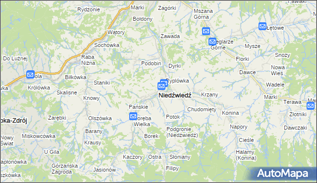 mapa Niedźwiedź powiat limanowski, Niedźwiedź powiat limanowski na mapie Targeo