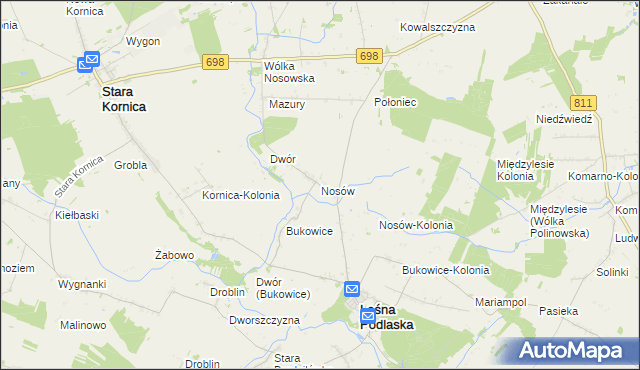 mapa Nosów gmina Leśna Podlaska, Nosów gmina Leśna Podlaska na mapie Targeo
