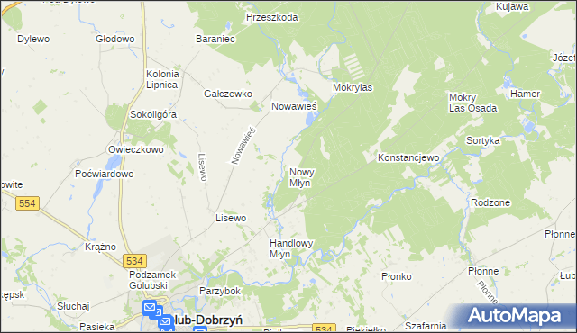 mapa Nowy Młyn gmina Golub-Dobrzyń, Nowy Młyn gmina Golub-Dobrzyń na mapie Targeo