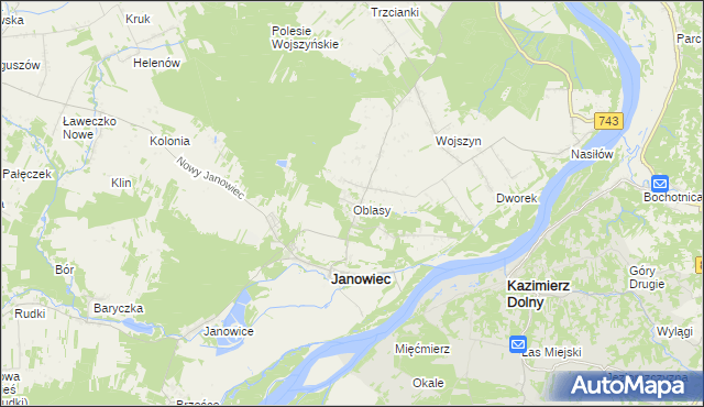 mapa Oblasy gmina Janowiec, Oblasy gmina Janowiec na mapie Targeo