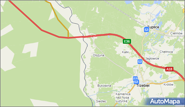 mapa Olszyna gmina Trzebiel, Olszyna gmina Trzebiel na mapie Targeo