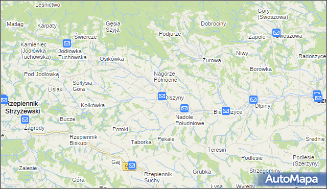 mapa Olszyny gmina Rzepiennik Strzyżewski, Olszyny gmina Rzepiennik Strzyżewski na mapie Targeo