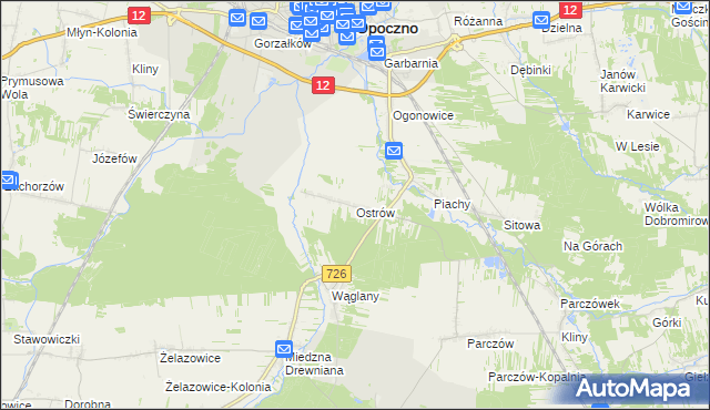 mapa Ostrów gmina Opoczno, Ostrów gmina Opoczno na mapie Targeo