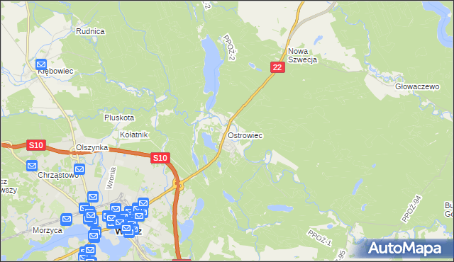mapa Ostrowiec gmina Wałcz, Ostrowiec gmina Wałcz na mapie Targeo