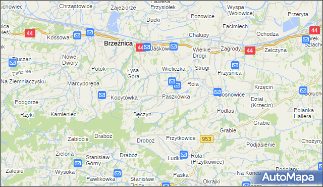 mapa Paszkówka gmina Brzeźnica, Paszkówka gmina Brzeźnica na mapie Targeo