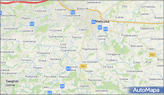 mapa Pawlikowice gmina Wieliczka, Pawlikowice gmina Wieliczka na mapie Targeo
