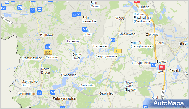 mapa Pielgrzymowice gmina Pawłowice, Pielgrzymowice gmina Pawłowice na mapie Targeo