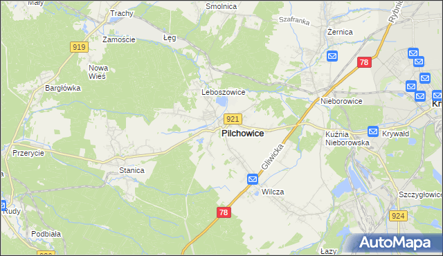 mapa Pilchowice powiat gliwicki, Pilchowice powiat gliwicki na mapie Targeo