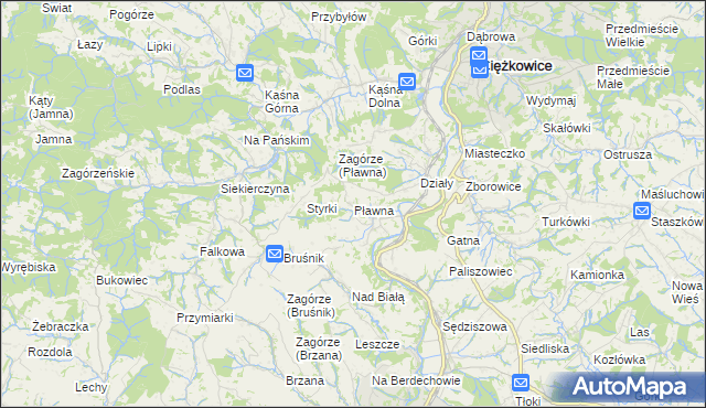 mapa Pławna gmina Ciężkowice, Pławna gmina Ciężkowice na mapie Targeo