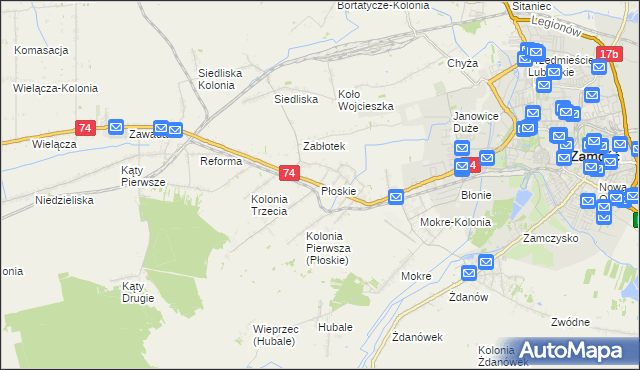 mapa Płoskie gmina Zamość, Płoskie gmina Zamość na mapie Targeo