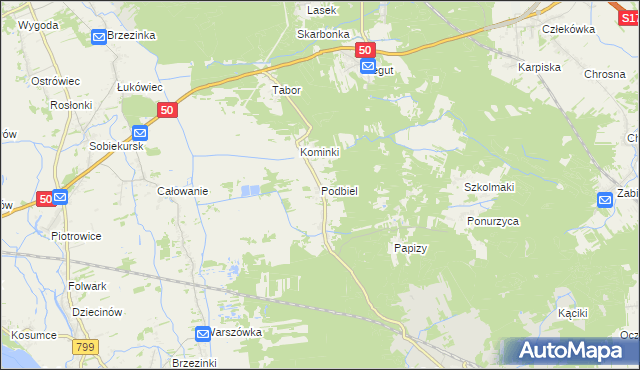 mapa Podbiel gmina Celestynów, Podbiel gmina Celestynów na mapie Targeo
