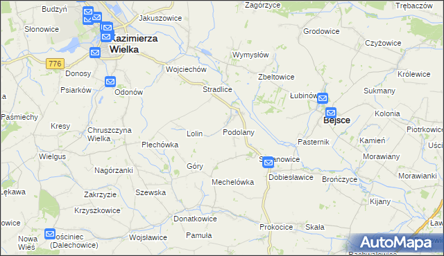 mapa Podolany gmina Kazimierza Wielka, Podolany gmina Kazimierza Wielka na mapie Targeo