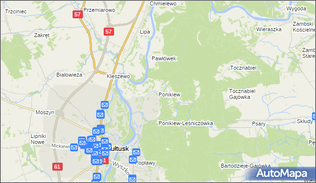 mapa Ponikiew gmina Pułtusk, Ponikiew gmina Pułtusk na mapie Targeo