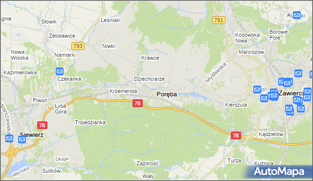mapa Poręba powiat zawierciański, Poręba powiat zawierciański na mapie Targeo