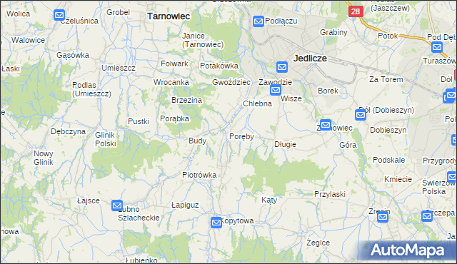 mapa Poręby gmina Jedlicze, Poręby gmina Jedlicze na mapie Targeo