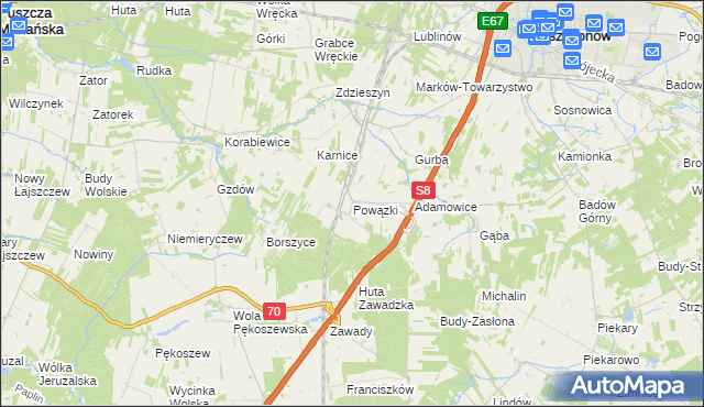 mapa Powązki gmina Mszczonów, Powązki gmina Mszczonów na mapie Targeo