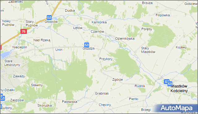 mapa Przykory gmina Miastków Kościelny, Przykory gmina Miastków Kościelny na mapie Targeo
