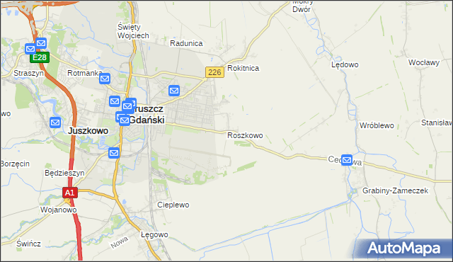 mapa Roszkowo gmina Pruszcz Gdański, Roszkowo gmina Pruszcz Gdański na mapie Targeo