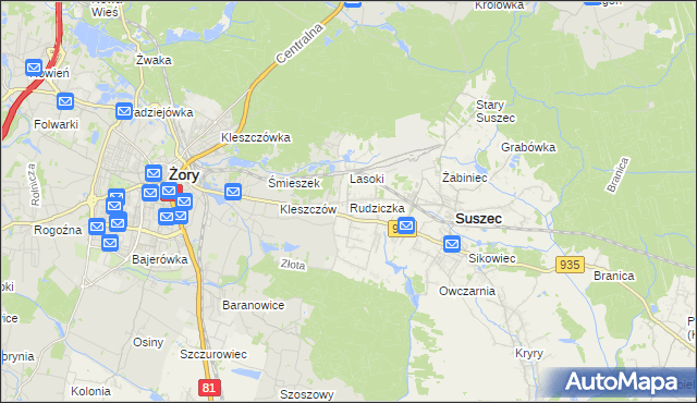 mapa Rudziczka gmina Suszec, Rudziczka gmina Suszec na mapie Targeo