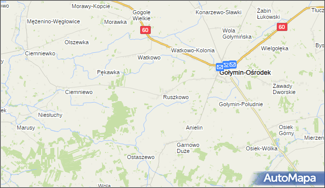 mapa Ruszkowo gmina Gołymin-Ośrodek, Ruszkowo gmina Gołymin-Ośrodek na mapie Targeo